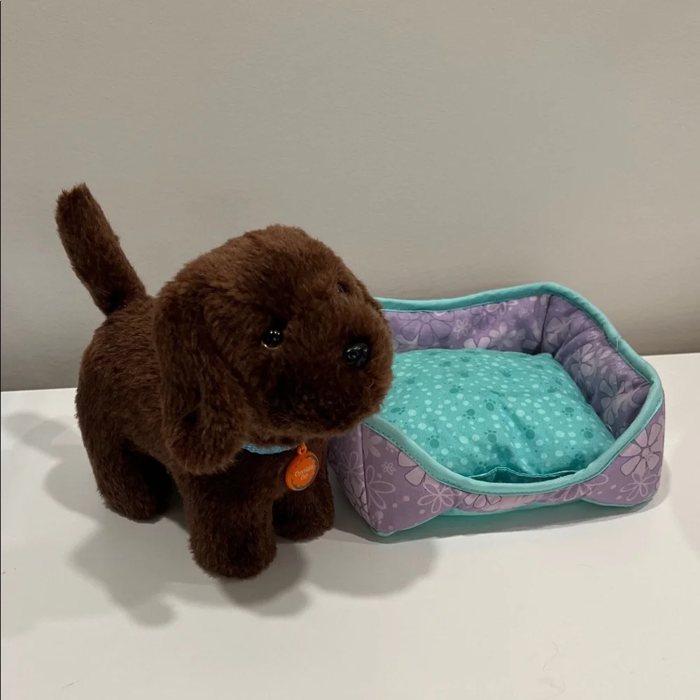 American Girl Brown Plush Dog with Teal and Purple Bed